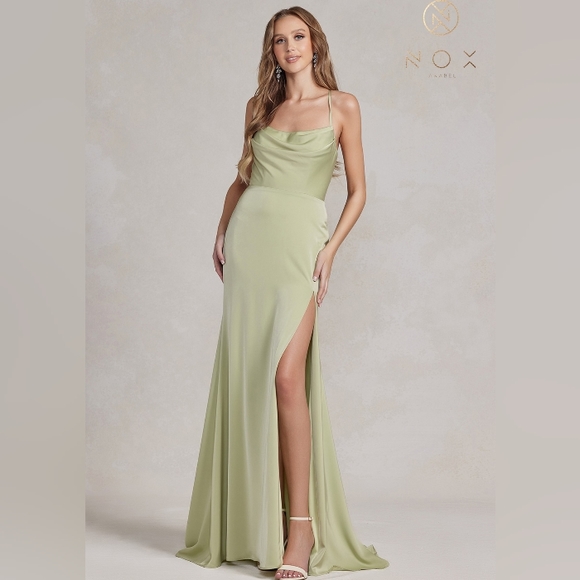 COPY - Long floor length fitted green, navy, gold,brown leg slit lace up open b… - Picture 4 of 9